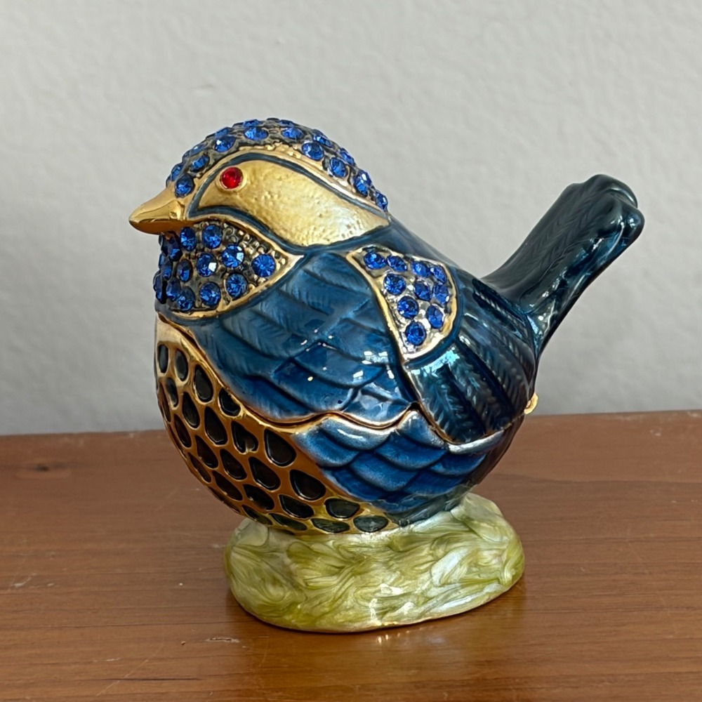 Blue Bird Enamel Trinket Box Rhinestone‎ Hinged Jewelry Keepsake Figurine Gold